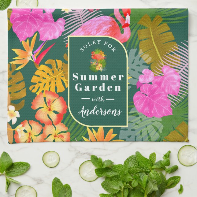 Flamingo Garden Mörk grönt Kökshandduk (Vikta)