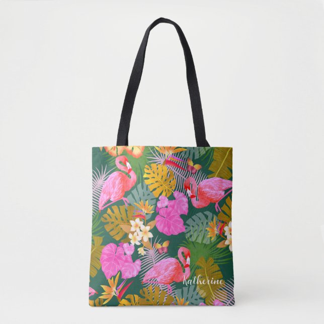 Flamingo Garden Mörk grönt Tygkasse (Framsida)