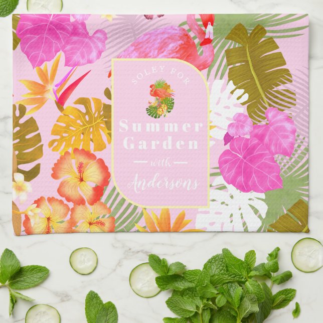 Flamingo Garden Rosa Kökshandduk (Vikta)