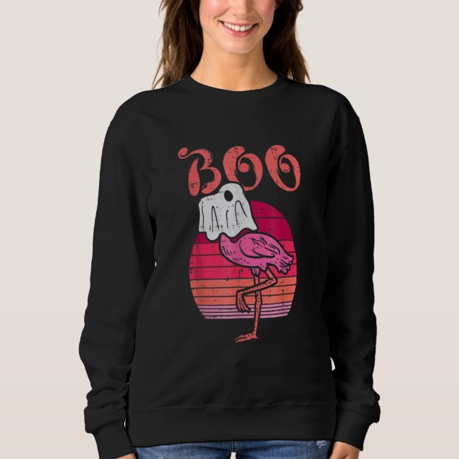 Flamingo Ghost Boo Pink Sunset Retro Halloween Bir T Shirt (Framsida)