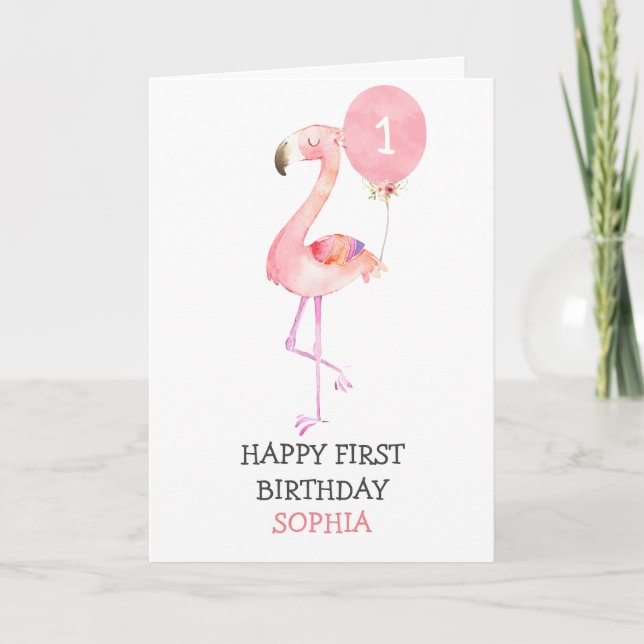 Flamingo Girl Rosa First Birthday 1 Birthday 1 Kort (Framsida)