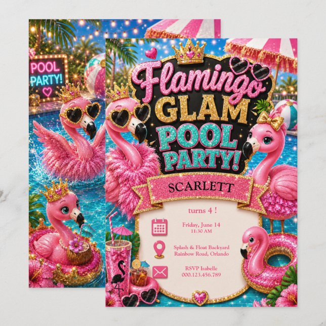 Flamingo Glam Poolparty Födelsedag - Rosa Glitter Inbjudningar (Fram/baksida)