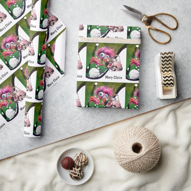 Flamingo Golfer med golfvagn på kvinnans rosa Presentpapper (Hantverk)