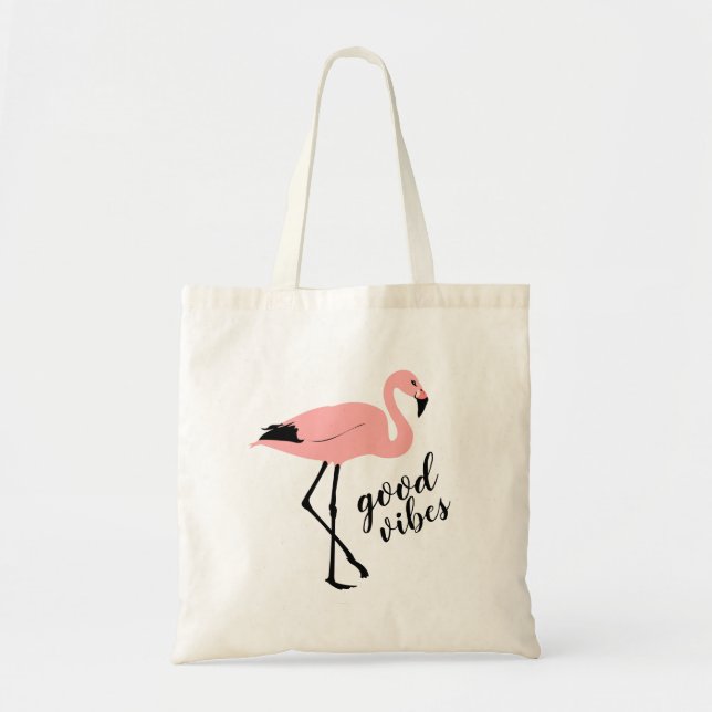 Flamingo Good Vibes Rosa Black Cute Budget Tote Tygkasse (Framsidan)