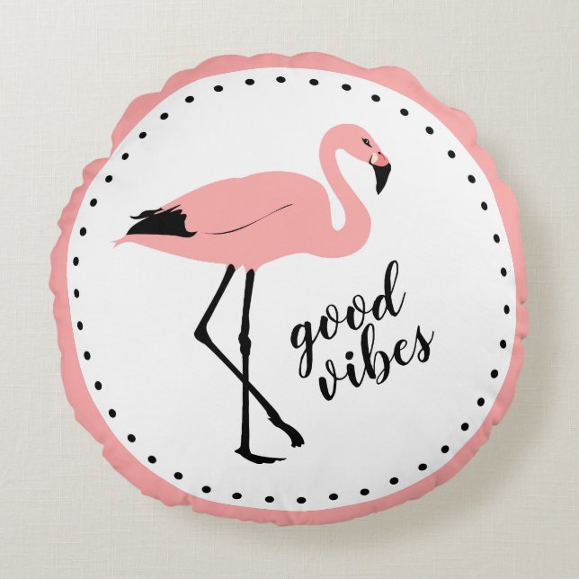 Flamingo Good Vibes Rosa Black Cute Dekorativ kudd Rund Kudde (Framsidan)