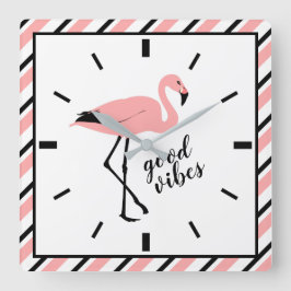 Flamingo Good Vibes Rosa Black Square Wall Clock Fyrkantig Klocka