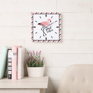 Flamingo Good Vibes Rosa Black Square Wall Clock Fyrkantig Klocka