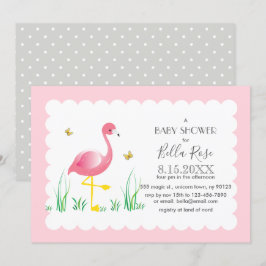 Flamingo Grått Polka dots Baby Shower Inbjudan