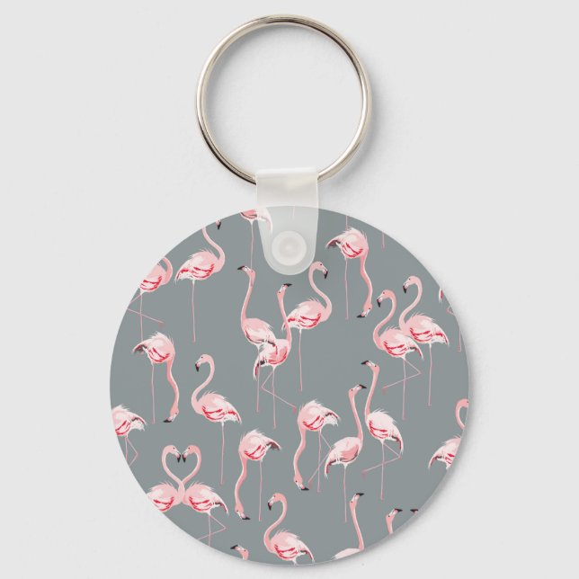Flamingo Grått: Vintage Sömlöst Mönster. Nyckelring (Framsida)