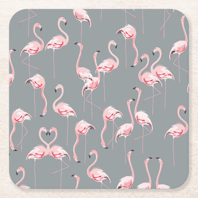 Flamingo Grått: Vintage Sömlöst Mönster. Underlägg Papper Kvadrat (Framsidan)