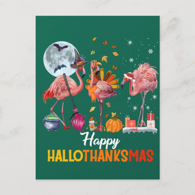 Flamingo Halloween och God jul Lycklig Hallo Vykort (Framsida)