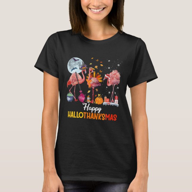 Flamingo Halloween Thanksgiving and Merry T Shirt (Framsida)