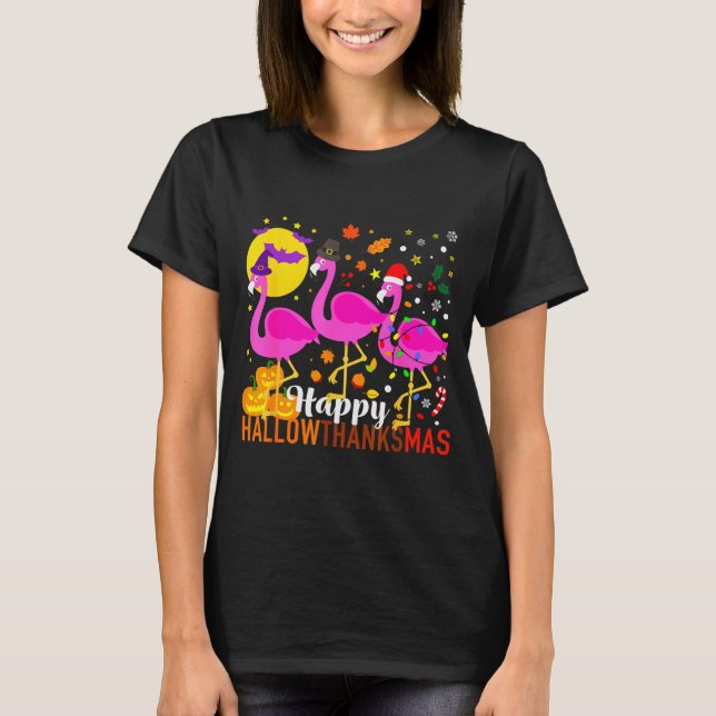 Flamingo Halloween Thanksgiving Christmas Hallowth T Shirt (Framsida)