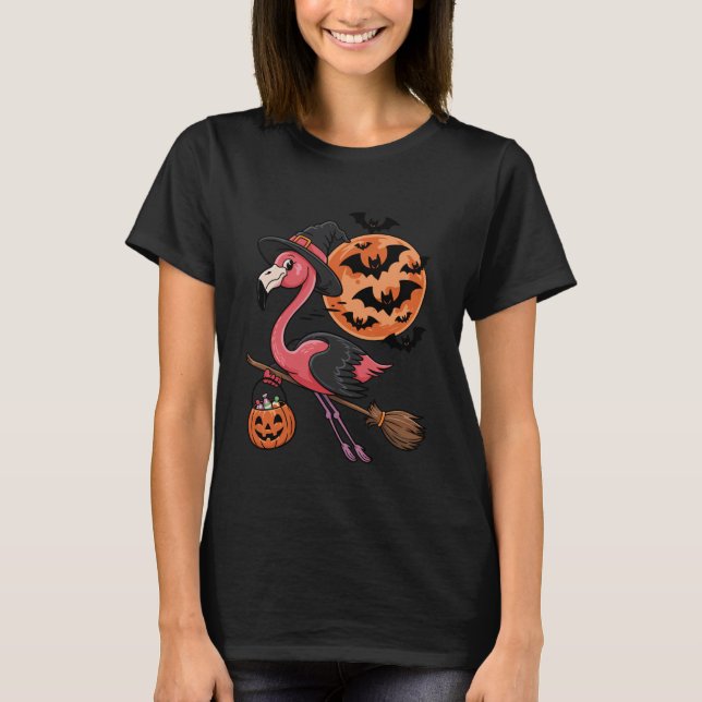 Flamingo Halloween Witch Hat Jack-o-Lantern Candy  T Shirt (Framsida)