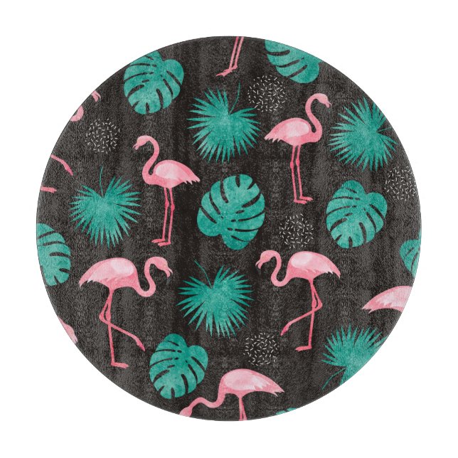 Flamingo, handflatan löv: tropisk vattenfärg. (Framsidan)