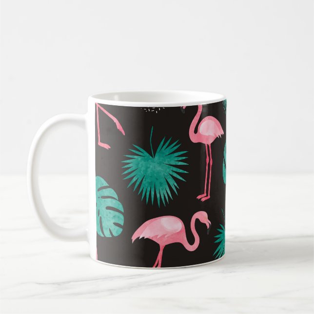 Flamingo, handflatan löv: tropisk vattenfärg. kaffemugg (Vänster)
