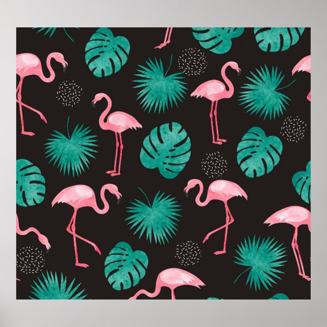 Flamingo, handflatan löv: tropisk vattenfärg. poster (Framsidan)