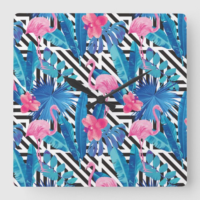 Flamingo & handflatan på geometriskt mönster fyrkantig klocka (Framsida)