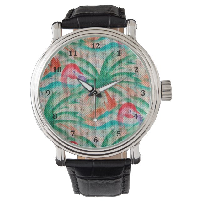 Flamingo Handflatan Träd Burlap-utseende Armbandsur (Framsida)
