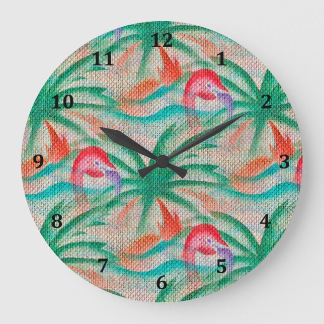 Flamingo Handflatan Träd Burlap-utseende Stor Klocka (Framsida)