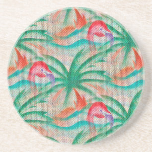 Flamingo Handflatan Träd Burlap-utseende Underlägg Sandsten