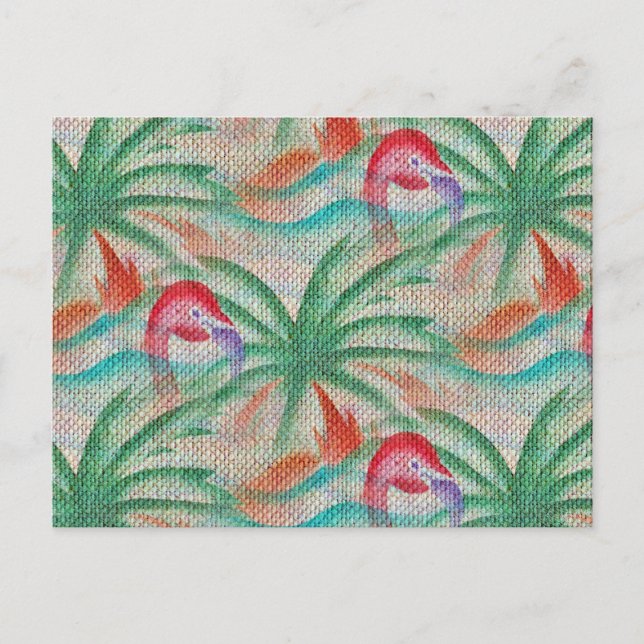 Flamingo Handflatan Träd Burlap-utseende Vykort (Framsida)