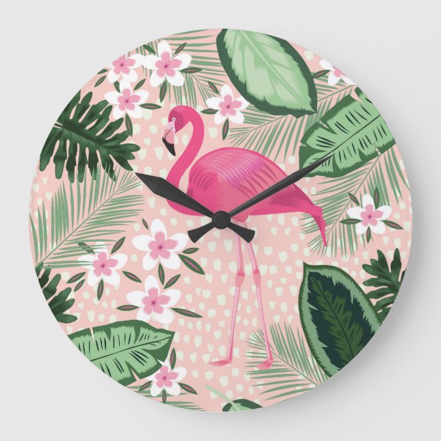 Flamingo, handflatan träd, köksdesign stor klocka (Framsida)
