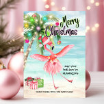 Flamingo Handflatan Träd Tropical Beach-jul Julkort<br><div class="desc">Skicka dina varmaste hälsningar med det här tropiska julkortet! Med en lekfull rosa flamingo som dansar under handflatan Julgran vid havet, ger denna utformning liv åt näbba helgdag vibes. Perfekt till alla som vill byta ut snö mot sand den här julhelgen, det här kortet är perfektens sätt att önska vänner...</div>