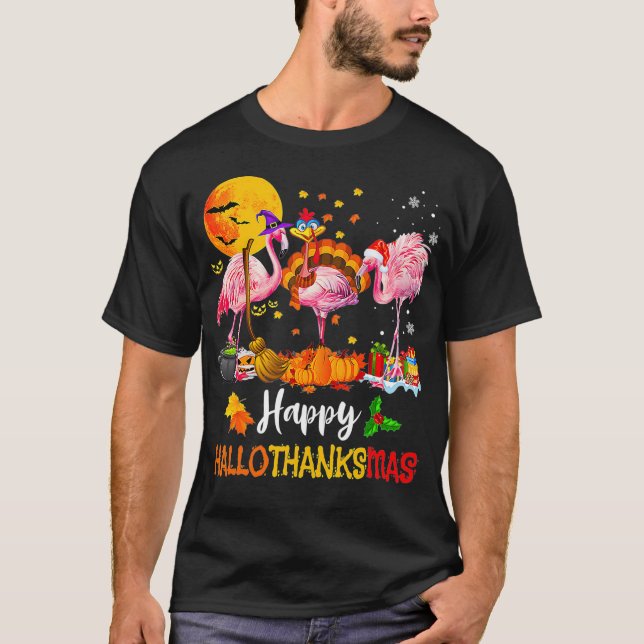 Flamingo Happy HalloThanksMas Halloween Thanksgivi T Shirt (Framsida)