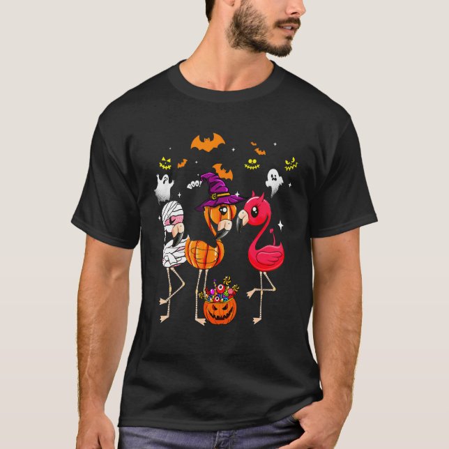 Flamingo Happy halloween Pumpkin Mummy Witch T Shirt (Framsida)