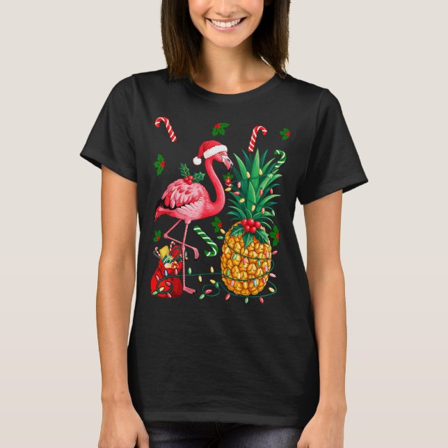 Flamingo Hawaiian Ne Christmas Lights Xmas  T Shirt (Framsida)