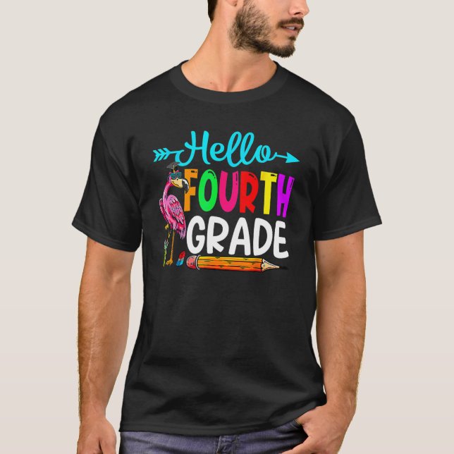 Flamingo Hello 4th Grade Back To School Teacher St T Shirt (Framsida)