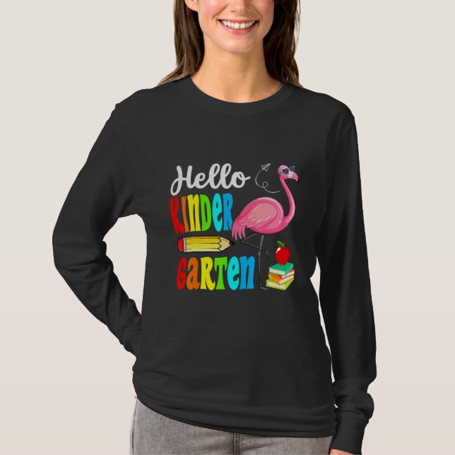 Flamingo Hello Kindergarten Happy First Day Of Sch T Shirt (Framsida)