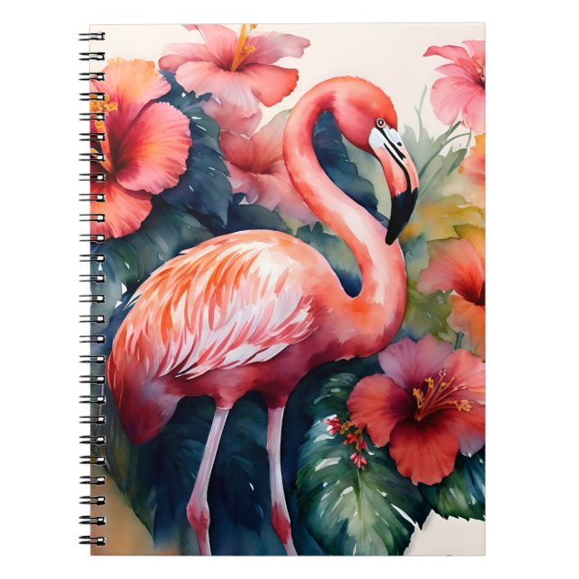 Flamingo Hibiscus Watercolor Tropical Art Anteckningsbok (Framsidan)