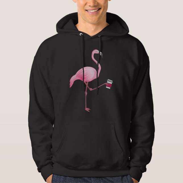 Flamingo Holding Coffee Tropical Gag Graphic Hoodie (Framsida)