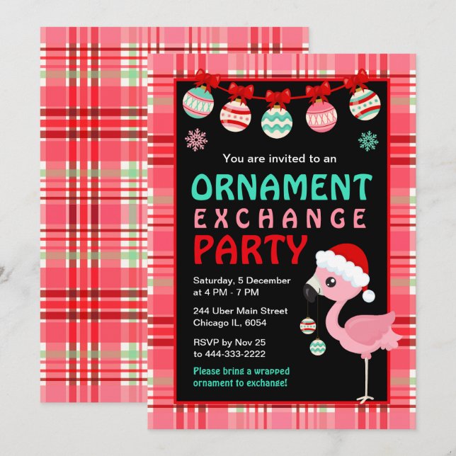 Flamingo Holiday Ornament Exchange Party Inbjudningar (Fram/baksida)