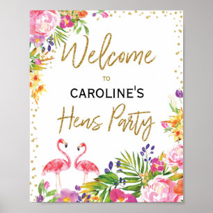 Flamingo Höns Party Tropisk Blommig Välkomstskylt Poster