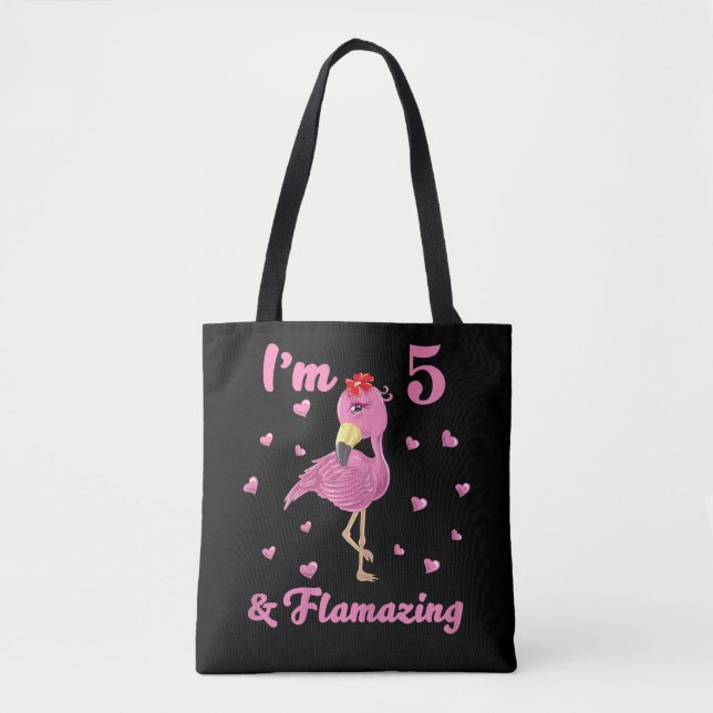 Flamingo I är 5 och lamazing - fem års flickor Tygkasse (Framsida)