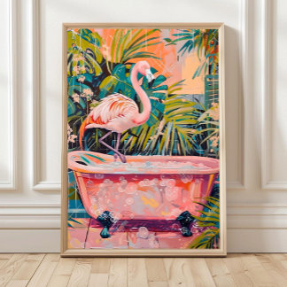 Flamingo i badkar Tryck, Badrum Väggkonst, Rosa Poster