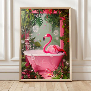 Flamingo i badkaret tryck, badrum väggkonst, Rosa Poster