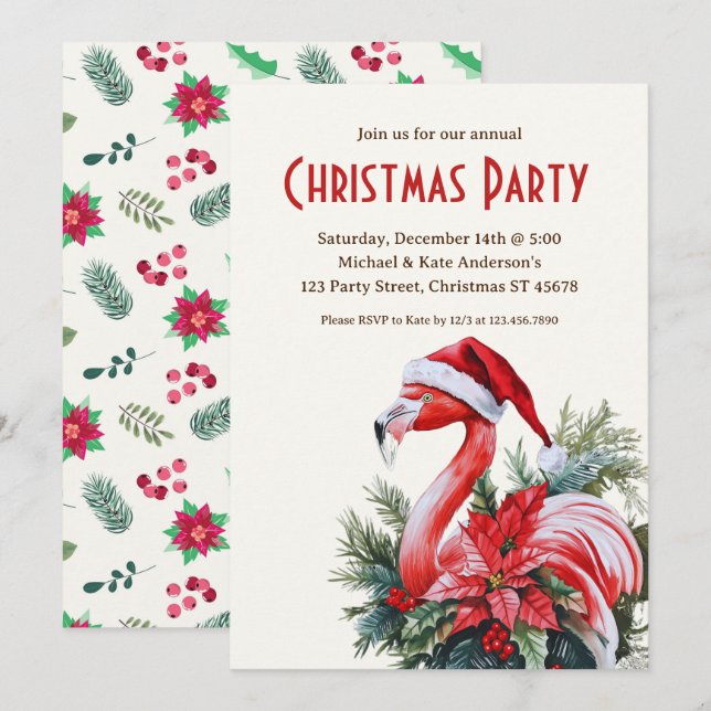 Flamingo i den tropiska juljulen Party Inbjudningar (Fram/baksida)