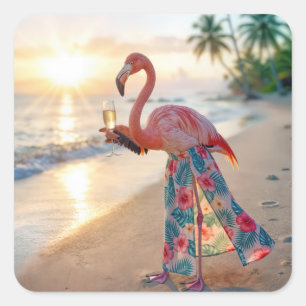 Flamingo i en kjol som håller en champagneflaska fyrkantigt klistermärke
