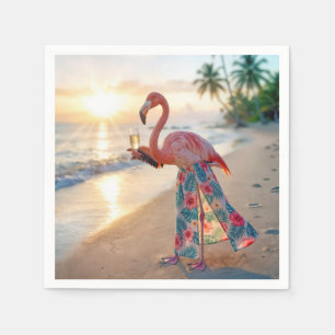 Flamingo i en kjol som håller en champagneflaska pappersservett