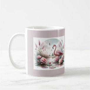 Flamingo i Pastel Pond Blommigt Scene Kaffemugg