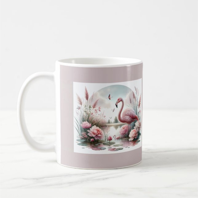 Flamingo i Pastel Pond Blommigt Scene Kaffemugg (Vänster)