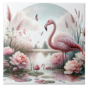 Flamingo i Pastel Pond Blommigt Scene Kakelplatta