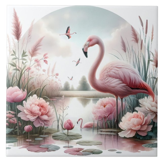 Flamingo i Pastel Pond Blommigt Scene Kakelplatta (Framsidan)