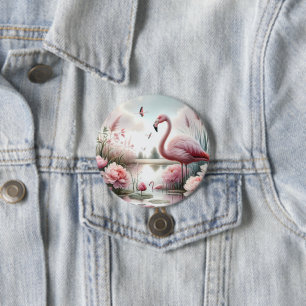 Flamingo i Pastel Pond Blommigt Scene Knapp