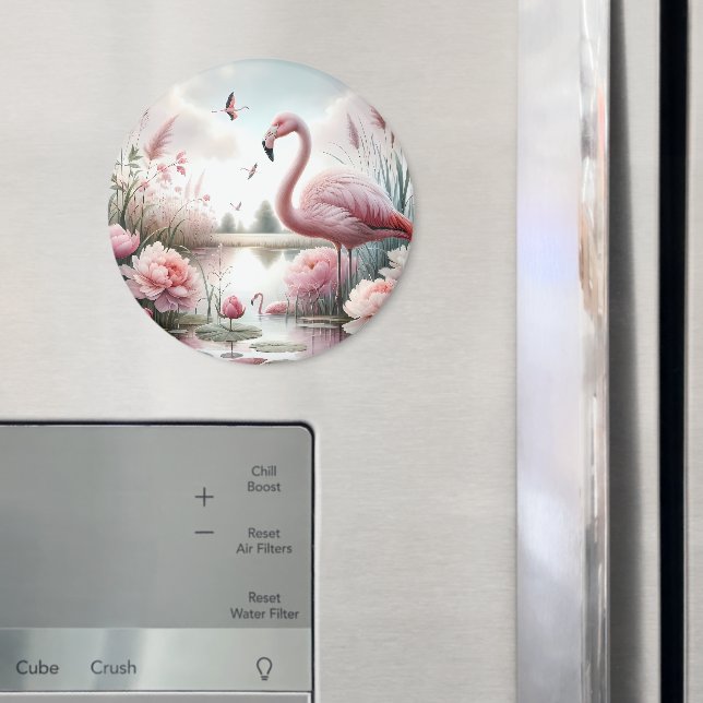 Flamingo i Pastel Pond Blommigt Scene Magnet (In Situ (Fridge))