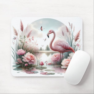 Flamingo i Pastel Pond Blommigt Scene Musmatta
